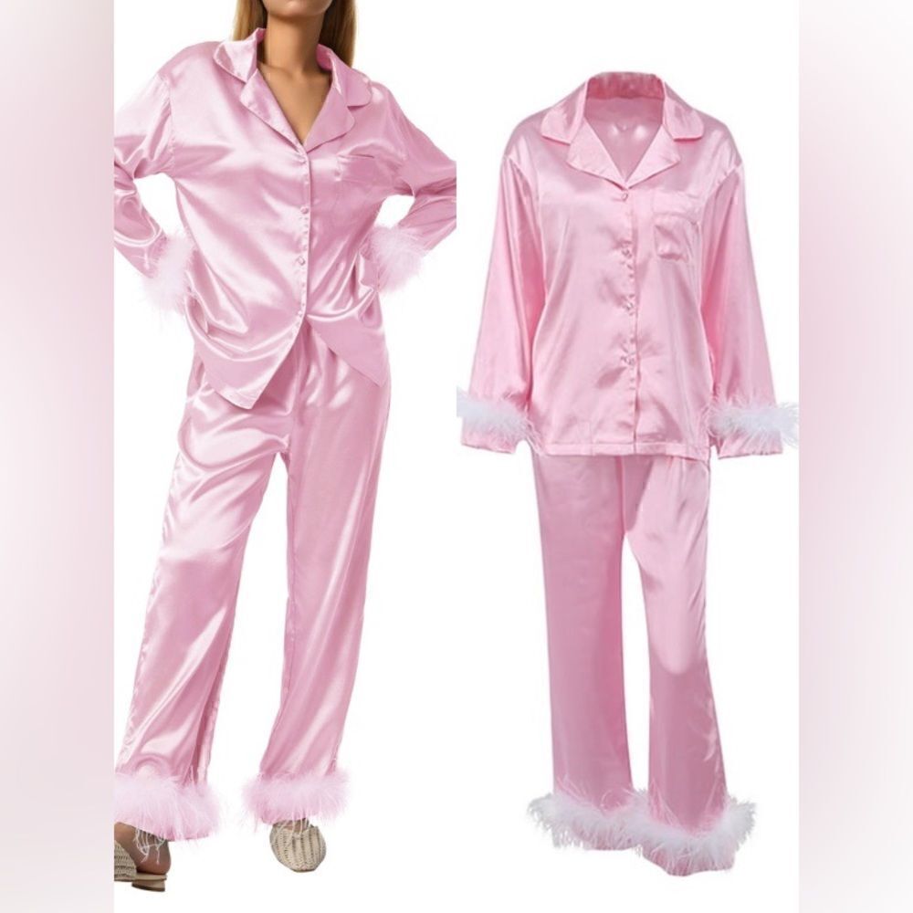 Silk Satin Pajama Set in Pink/White Size Large